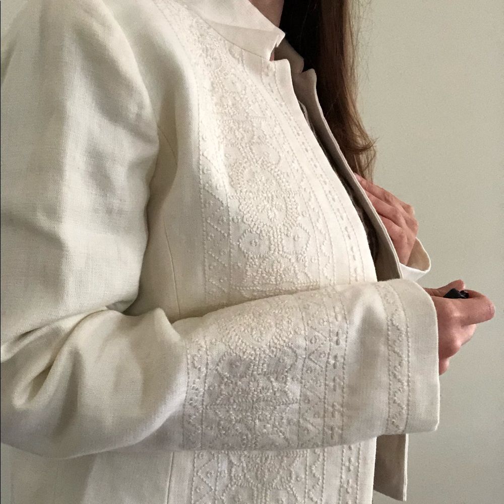 Vintage Linda Allard Ivory Linen Embroidered Jacket 2 Old Money Quiet Luxury - Picture 6 of 14